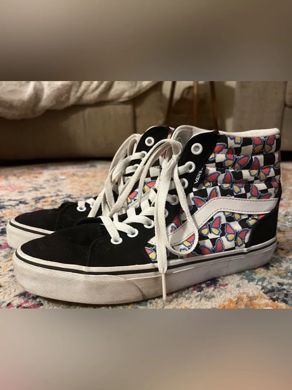Vans Women’s Black High-Top Sneakers with Multicolor Butterfly Pattern